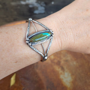 Stamped Sterling Silver Cuff Bracelet with Narrow Oval Turquoise Stone