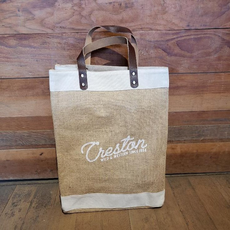 A sturdy shopping bag made of burlap, leather and canvas...and our Creston rope logo. Perfect for gifts, storage, and even shopping!