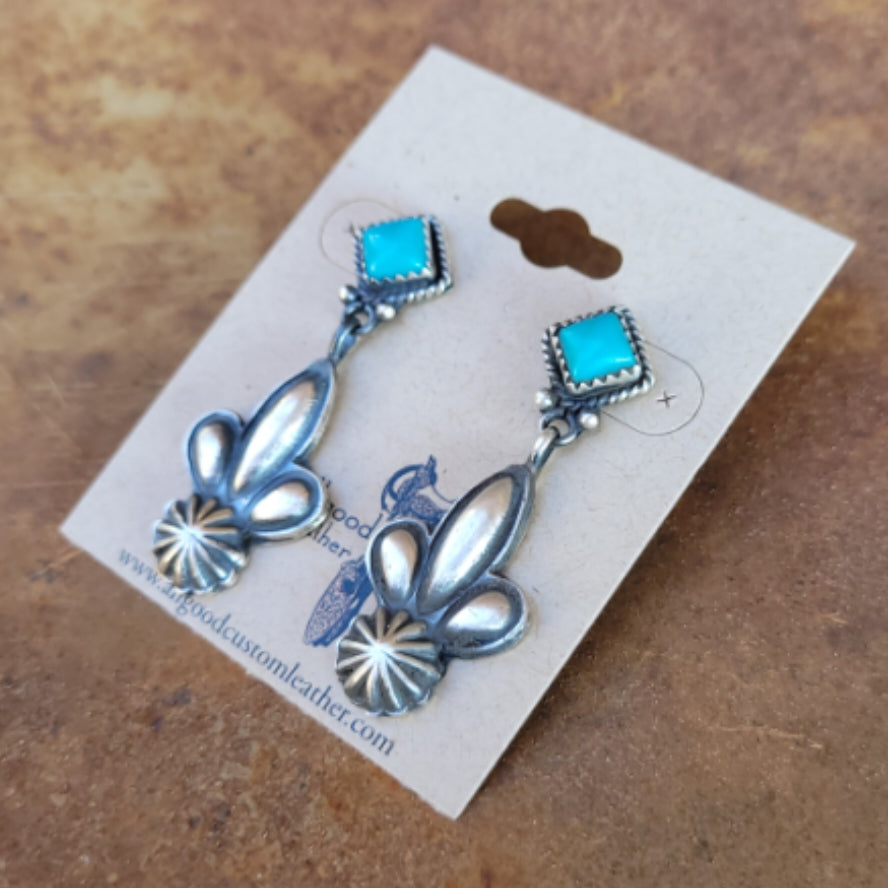 Silver Flower Small Dangle Earrings with Turquoise Post