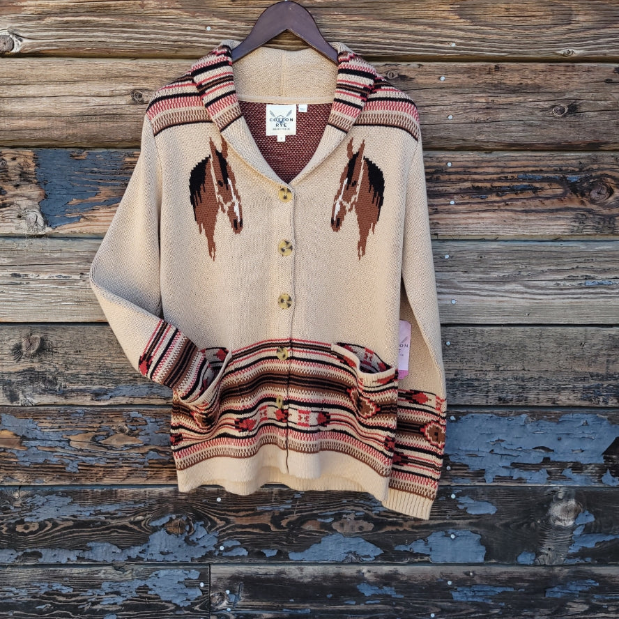 Cotton and Rye - Horse and Horseshoe Cardigan - Tan