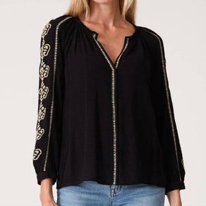 Lovestitch - Black Long Sleeve Split Neck Peasant Top with Embroidery