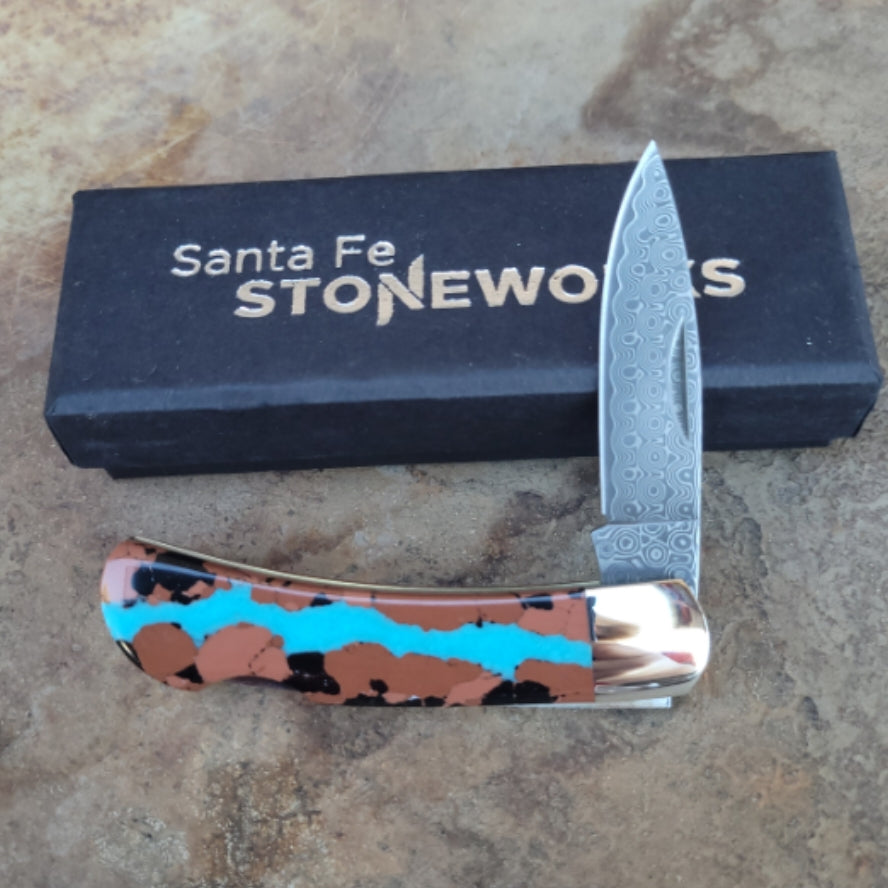 Santa Fe Stoneworks - Veined Turquoise Damascus Lock-back - 3"